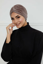 Elegant Velvet Shirred Instant Turban for Women, Luxurious Velour Instant Headwrap, Fashionable Pre-Tied Hijab Turban Cap for Women,B-20K Mink