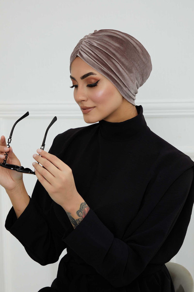 Elegant Velvet Shirred Instant Turban for Women, Luxurious Velour Instant Headwrap, Fashionable Pre-Tied Hijab Turban Cap for Women,B-20K Mink