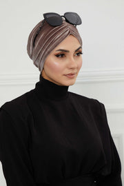 Elegant Velvet Shirred Instant Turban for Women, Luxurious Velour Instant Headwrap, Fashionable Pre-Tied Hijab Turban Cap for Women,B-20K Mink