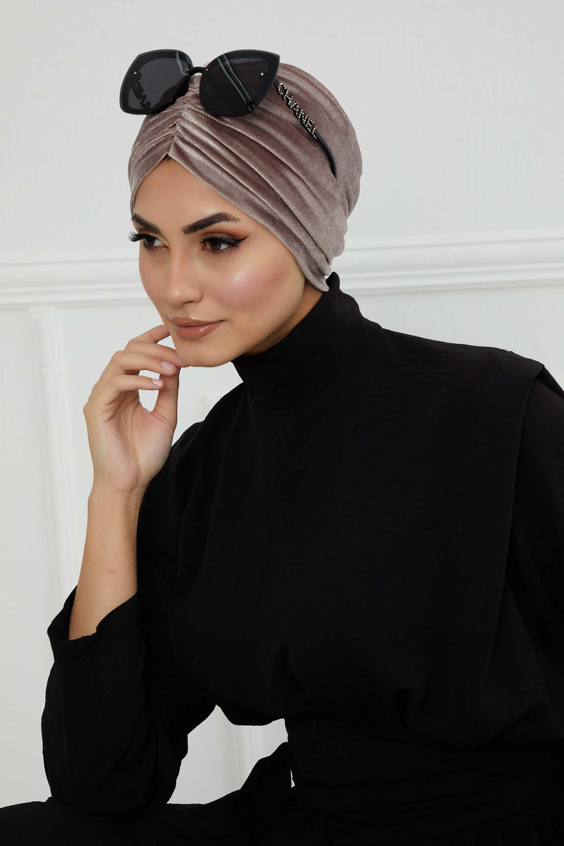 Elegant Velvet Shirred Instant Turban for Women, Luxurious Velour Instant Headwrap, Fashionable Pre-Tied Hijab Turban Cap for Women,B-20K Mink