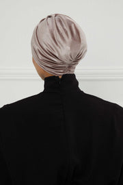 Elegant Velvet Shirred Instant Turban for Women, Luxurious Velour Instant Headwrap, Fashionable Pre-Tied Hijab Turban Cap for Women,B-20K Mink