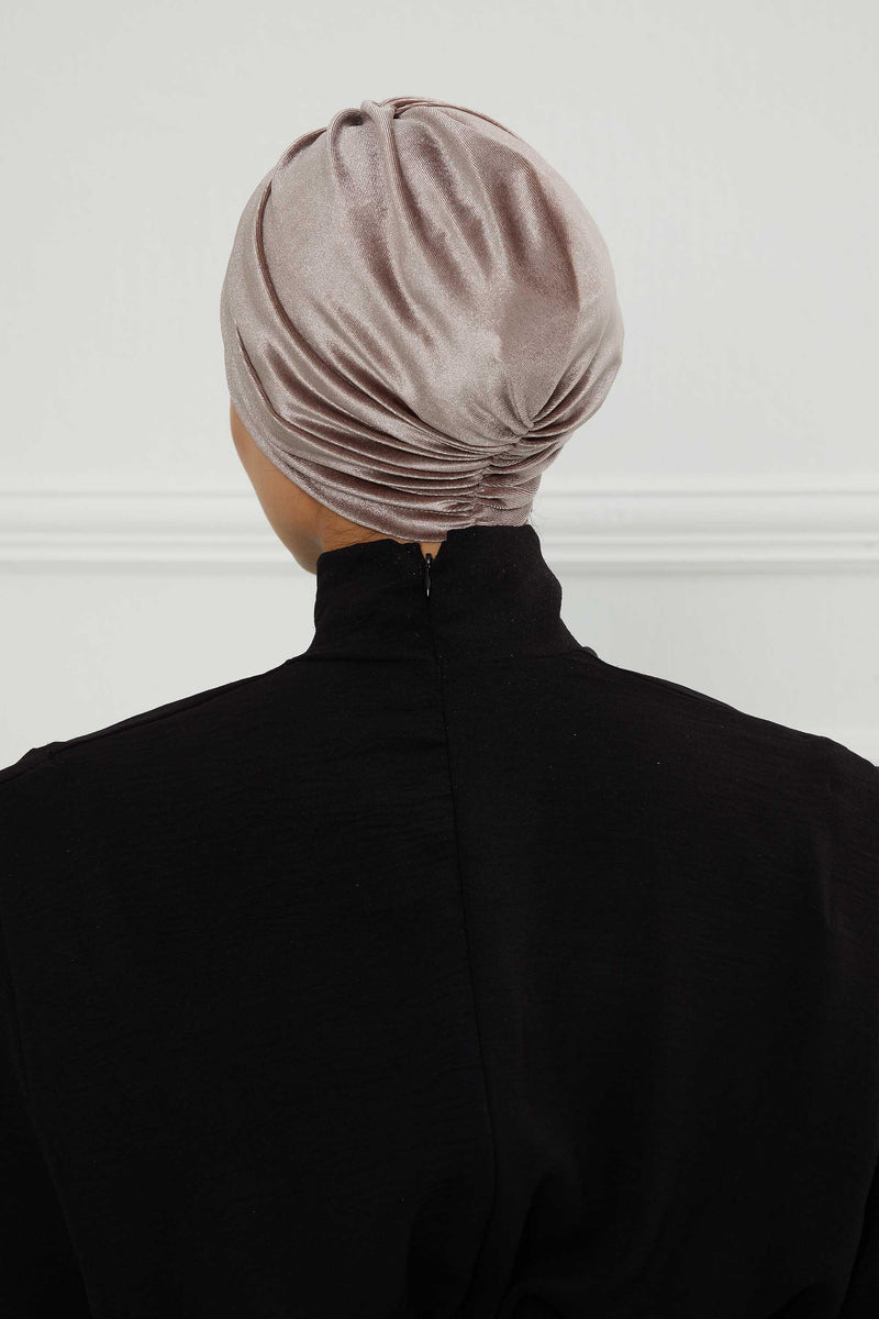 Elegant Velvet Shirred Instant Turban for Women, Luxurious Velour Instant Headwrap, Fashionable Pre-Tied Hijab Turban Cap for Women,B-20K Mink