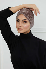 Elegant Velvet Shirred Instant Turban for Women, Luxurious Velour Instant Headwrap, Fashionable Pre-Tied Hijab Turban Cap for Women,B-20K Mink