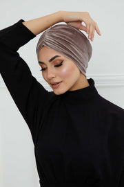 Elegant Velvet Shirred Instant Turban for Women, Luxurious Velour Instant Headwrap, Fashionable Pre-Tied Hijab Turban Cap for Women,B-20K Mink