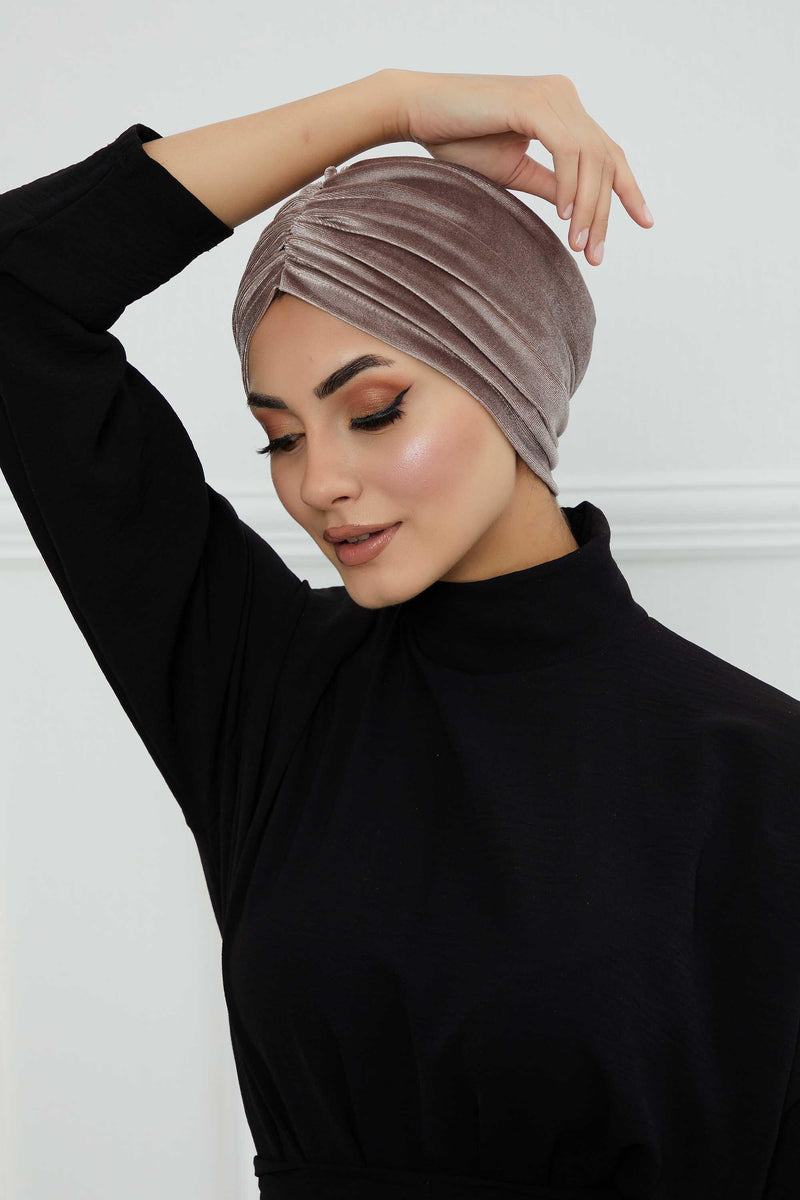 Elegant Velvet Shirred Instant Turban for Women, Luxurious Velour Instant Headwrap, Fashionable Pre-Tied Hijab Turban Cap for Women,B-20K Mink