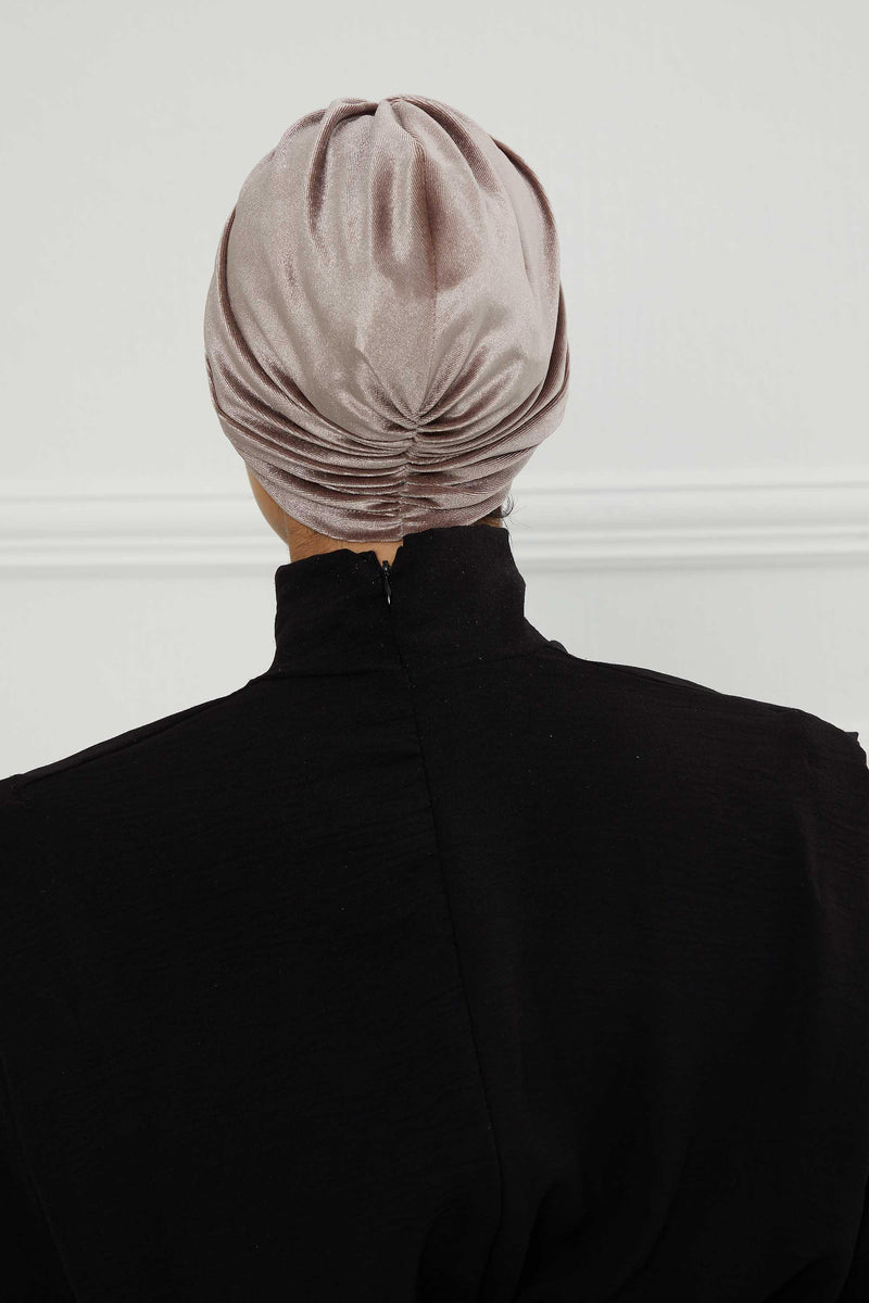 Elegant Velvet Shirred Instant Turban for Women, Luxurious Velour Instant Headwrap, Fashionable Pre-Tied Hijab Turban Cap for Women,B-20K Mink