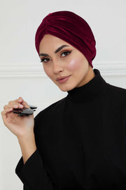 Elegant Velvet Shirred Instant Turban for Women, Luxurious Velour Instant Headwrap, Fashionable Pre-Tied Hijab Turban Cap for Women,B-20K Maroon