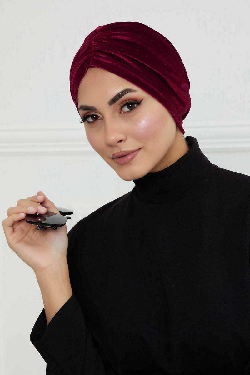 Elegant Velvet Shirred Instant Turban for Women, Luxurious Velour Instant Headwrap, Fashionable Pre-Tied Hijab Turban Cap for Women,B-20K Maroon