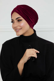 Elegant Velvet Shirred Instant Turban for Women, Luxurious Velour Instant Headwrap, Fashionable Pre-Tied Hijab Turban Cap for Women,B-20K Maroon