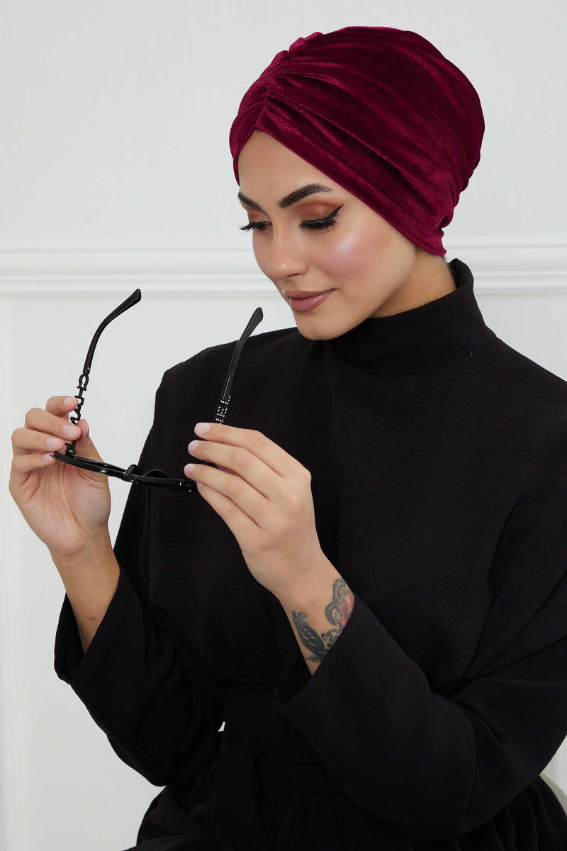 Elegant Velvet Shirred Instant Turban for Women, Luxurious Velour Instant Headwrap, Fashionable Pre-Tied Hijab Turban Cap for Women,B-20K Maroon