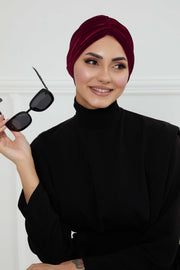 Elegant Velvet Shirred Instant Turban for Women, Luxurious Velour Instant Headwrap, Fashionable Pre-Tied Hijab Turban Cap for Women,B-20K Maroon