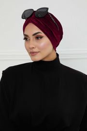 Elegant Velvet Shirred Instant Turban for Women, Luxurious Velour Instant Headwrap, Fashionable Pre-Tied Hijab Turban Cap for Women,B-20K Maroon