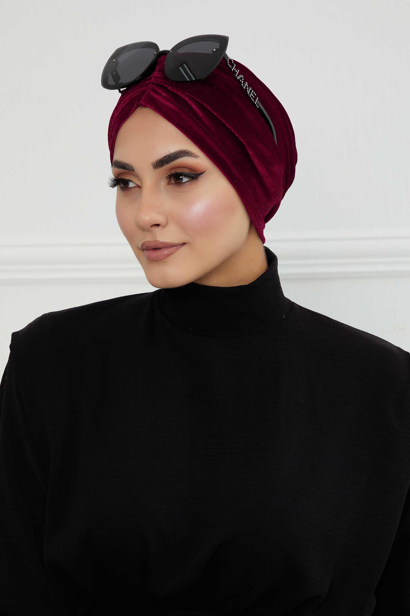 Elegant Velvet Shirred Instant Turban for Women, Luxurious Velour Instant Headwrap, Fashionable Pre-Tied Hijab Turban Cap for Women,B-20K Maroon