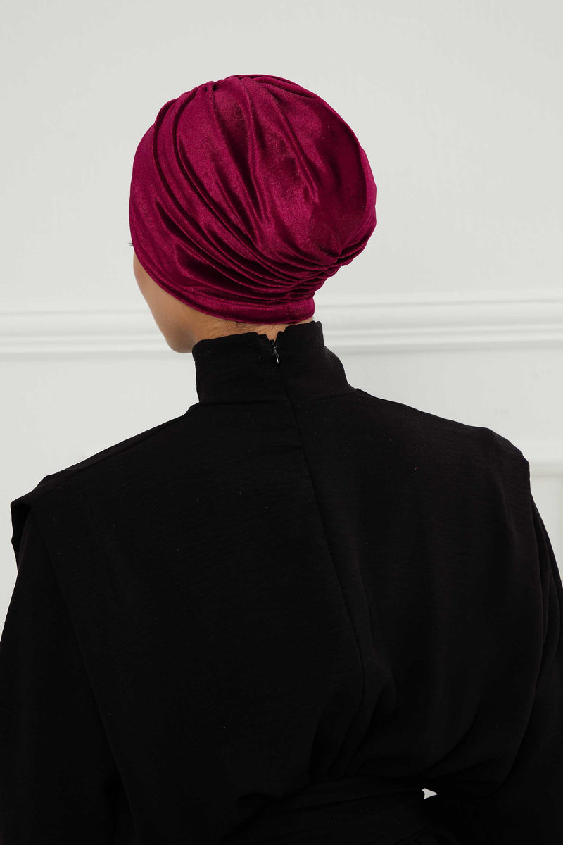 Elegant Velvet Shirred Instant Turban for Women, Luxurious Velour Instant Headwrap, Fashionable Pre-Tied Hijab Turban Cap for Women,B-20K Maroon