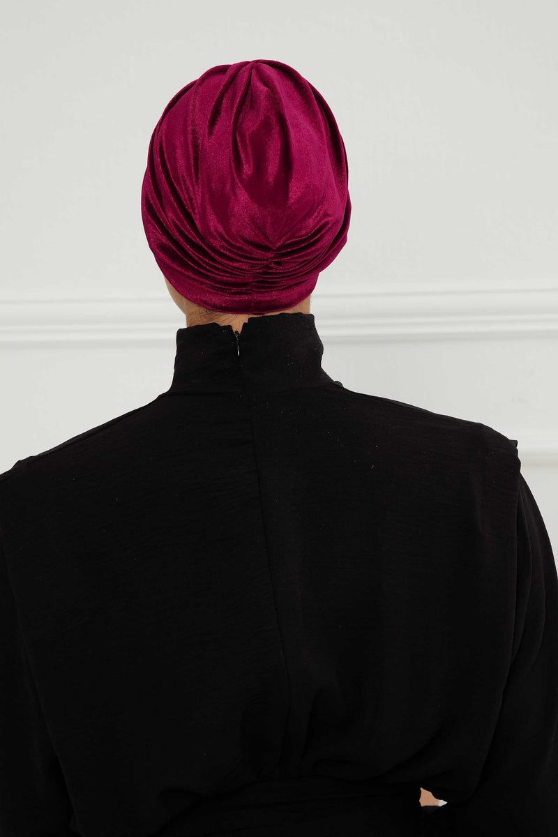 Elegant Velvet Shirred Instant Turban for Women, Luxurious Velour Instant Headwrap, Fashionable Pre-Tied Hijab Turban Cap for Women,B-20K Maroon