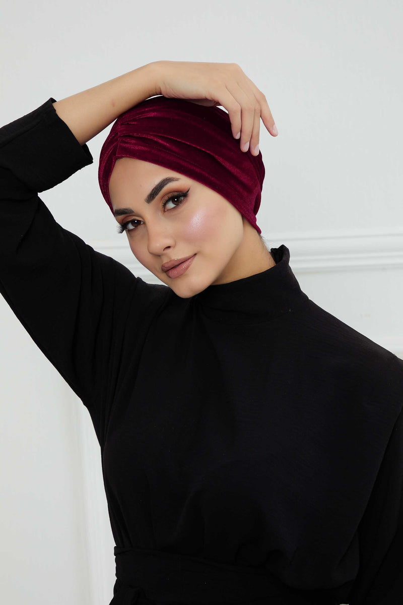 Elegant Velvet Shirred Instant Turban for Women, Luxurious Velour Instant Headwrap, Fashionable Pre-Tied Hijab Turban Cap for Women,B-20K Maroon