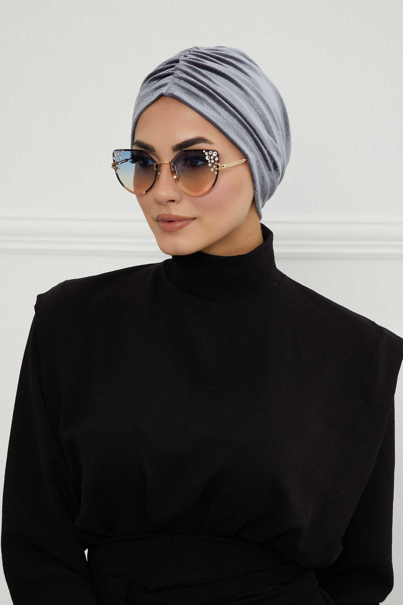 Elegant Velvet Shirred Instant Turban for Women, Luxurious Velour Instant Headwrap, Fashionable Pre-Tied Hijab Turban Cap for Women,B-20K Grey