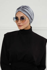 Elegant Velvet Shirred Instant Turban for Women, Luxurious Velour Instant Headwrap, Fashionable Pre-Tied Hijab Turban Cap for Women,B-20K Grey
