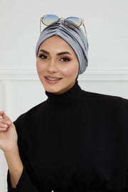 Elegant Velvet Shirred Instant Turban for Women, Luxurious Velour Instant Headwrap, Fashionable Pre-Tied Hijab Turban Cap for Women,B-20K Grey