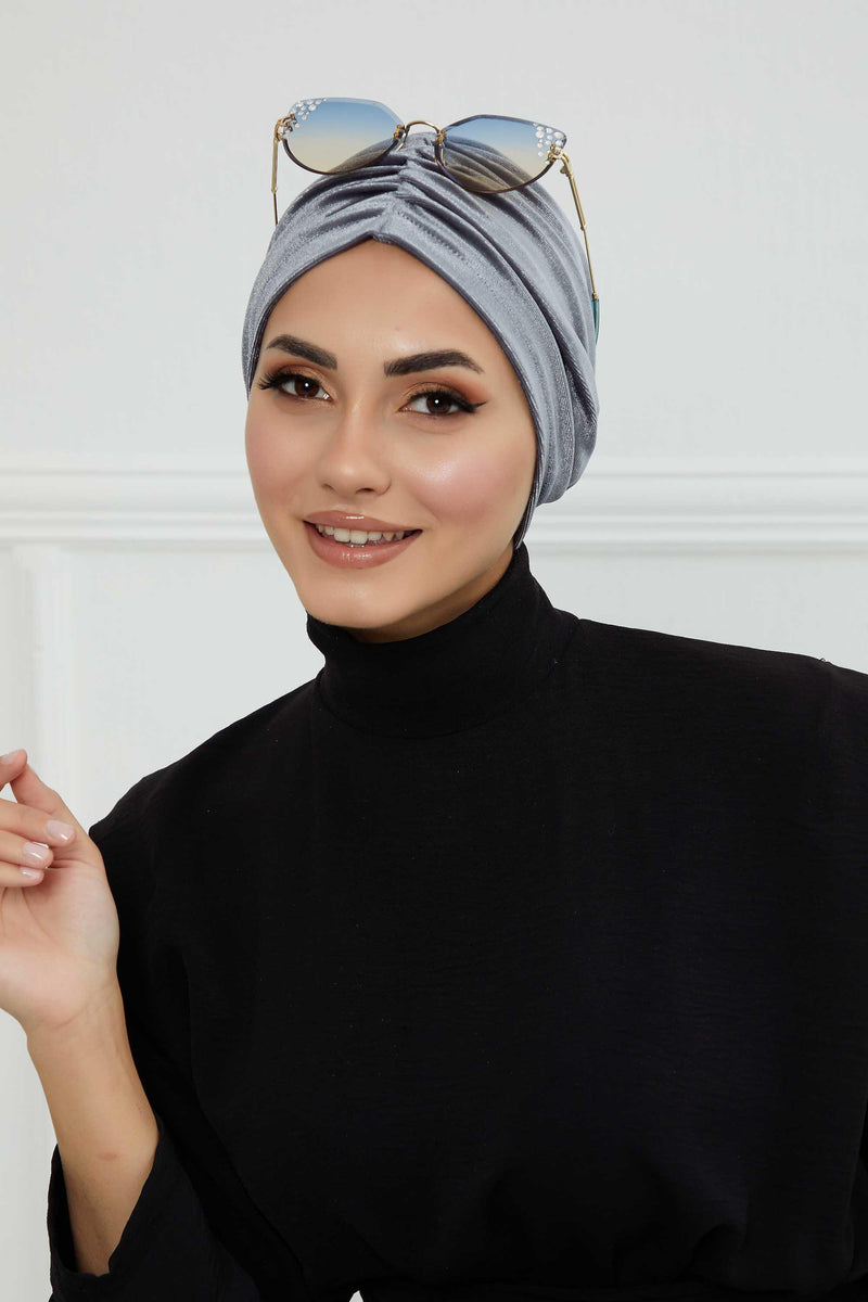 Elegant Velvet Shirred Instant Turban for Women, Luxurious Velour Instant Headwrap, Fashionable Pre-Tied Hijab Turban Cap for Women,B-20K Grey