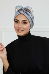 Elegant Velvet Shirred Instant Turban for Women, Luxurious Velour Instant Headwrap, Fashionable Pre-Tied Hijab Turban Cap for Women,B-20K Grey
