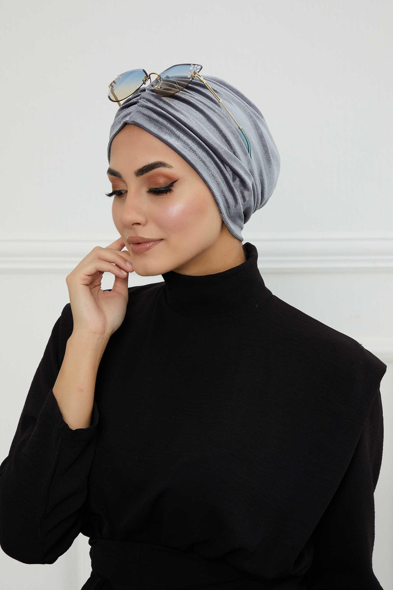 Elegant Velvet Shirred Instant Turban for Women, Luxurious Velour Instant Headwrap, Fashionable Pre-Tied Hijab Turban Cap for Women,B-20K Grey