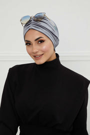 Elegant Velvet Shirred Instant Turban for Women, Luxurious Velour Instant Headwrap, Fashionable Pre-Tied Hijab Turban Cap for Women,B-20K Grey
