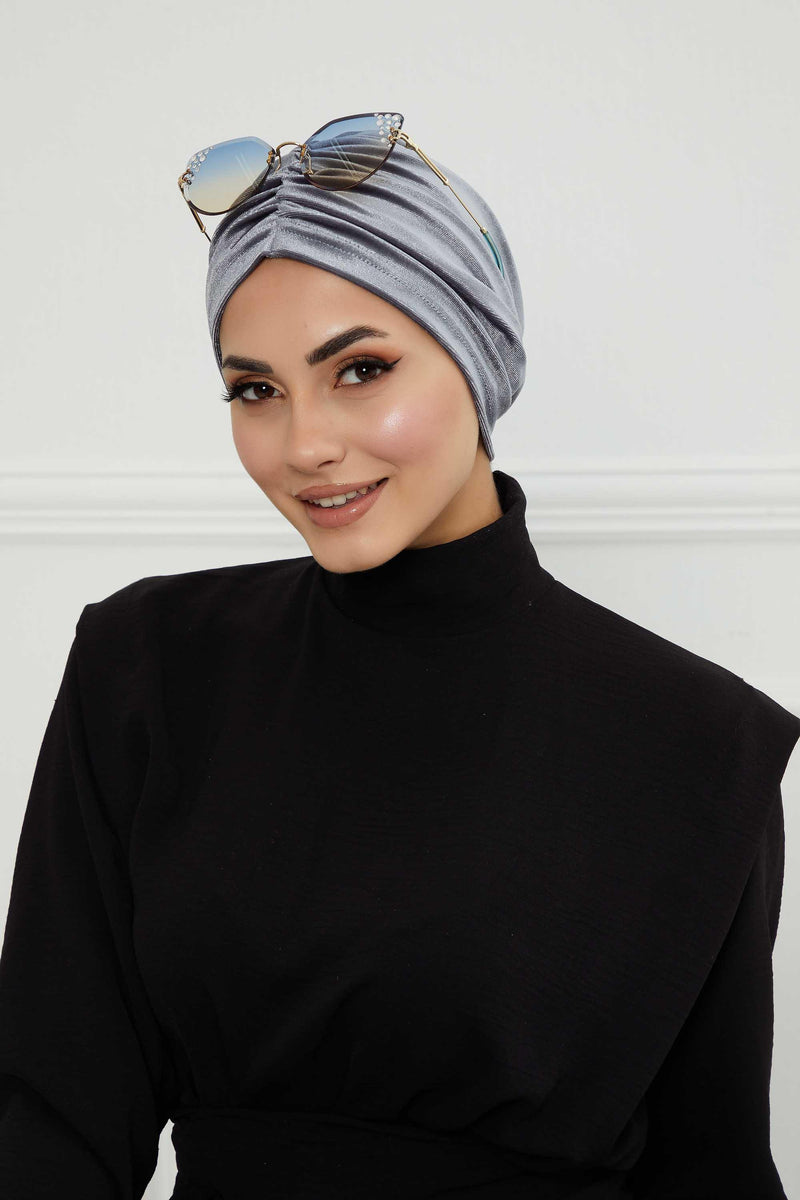 Elegant Velvet Shirred Instant Turban for Women, Luxurious Velour Instant Headwrap, Fashionable Pre-Tied Hijab Turban Cap for Women,B-20K Grey