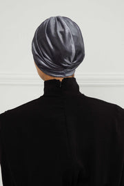 Elegant Velvet Shirred Instant Turban for Women, Luxurious Velour Instant Headwrap, Fashionable Pre-Tied Hijab Turban Cap for Women,B-20K Grey