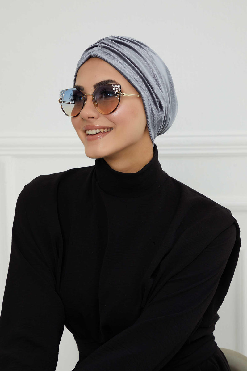 Elegant Velvet Shirred Instant Turban for Women, Luxurious Velour Instant Headwrap, Fashionable Pre-Tied Hijab Turban Cap for Women,B-20K Grey