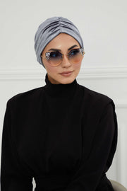 Elegant Velvet Shirred Instant Turban for Women, Luxurious Velour Instant Headwrap, Fashionable Pre-Tied Hijab Turban Cap for Women,B-20K Grey