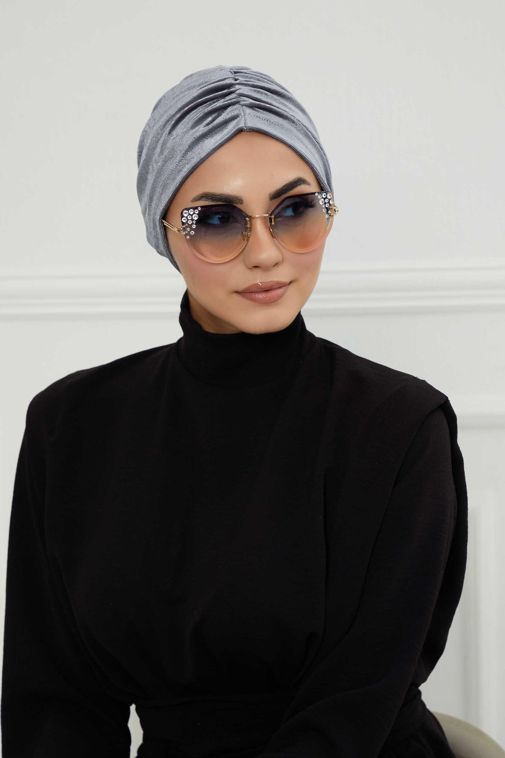 Elegant Velvet Shirred Instant Turban for Women, Luxurious Velour Instant Headwrap, Fashionable Pre-Tied Hijab Turban Cap for Women,B-20K Grey