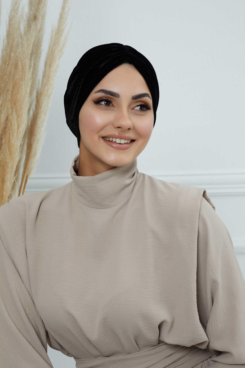 Elegant Velvet Shirred Instant Turban for Women, Luxurious Velour Instant Headwrap, Fashionable Pre-Tied Hijab Turban Cap for Women,B-20K Black