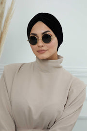 Elegant Velvet Shirred Instant Turban for Women, Luxurious Velour Instant Headwrap, Fashionable Pre-Tied Hijab Turban Cap for Women,B-20K Black