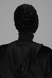 Elegant Velvet Shirred Instant Turban for Women, Luxurious Velour Instant Headwrap, Fashionable Pre-Tied Hijab Turban Cap for Women,B-20K Black