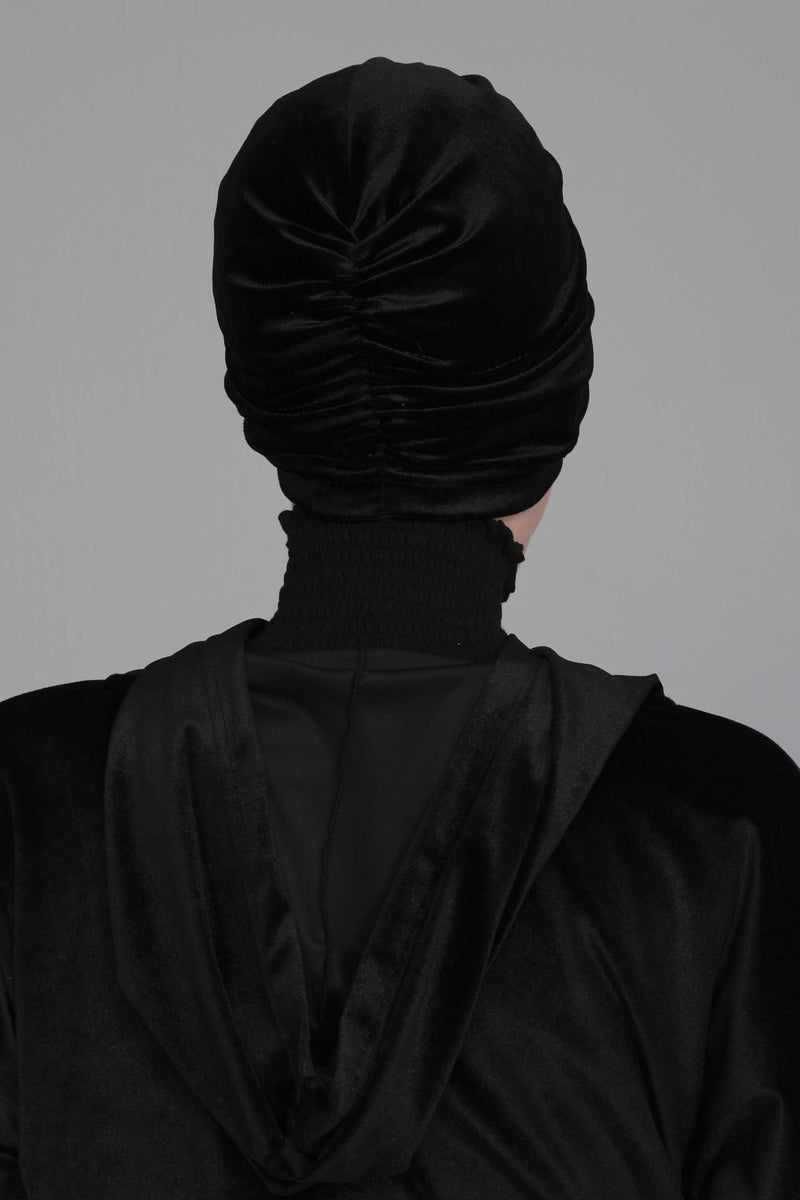 Elegant Velvet Shirred Instant Turban for Women, Luxurious Velour Instant Headwrap, Fashionable Pre-Tied Hijab Turban Cap for Women,B-20K Black