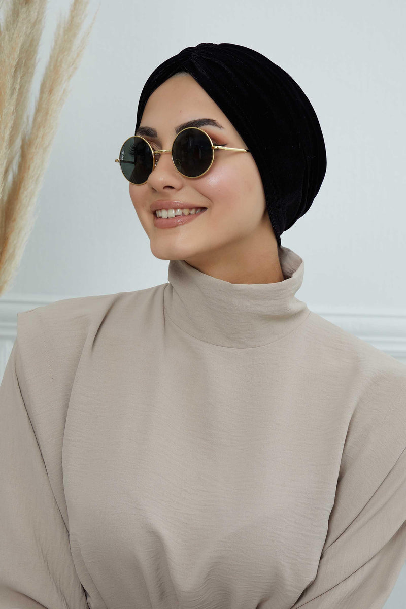 Elegant Velvet Shirred Instant Turban for Women, Luxurious Velour Instant Headwrap, Fashionable Pre-Tied Hijab Turban Cap for Women,B-20K Black