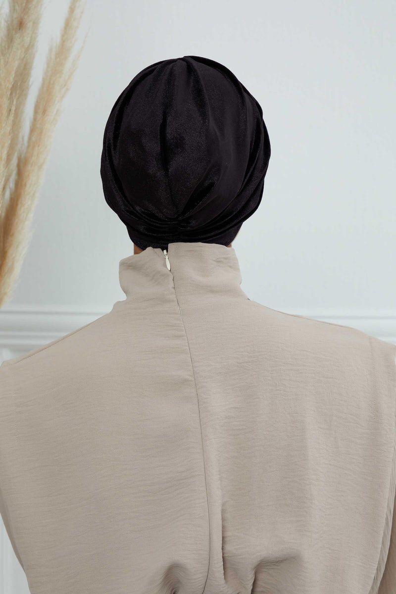 Elegant Velvet Shirred Instant Turban for Women, Luxurious Velour Instant Headwrap, Fashionable Pre-Tied Hijab Turban Cap for Women,B-20K Black