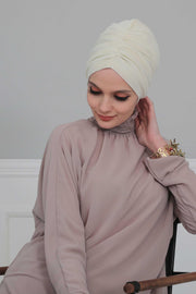 Elegant Velvet Shirred Instant Turban for Women, Luxurious Velour Instant Headwrap, Fashionable Pre-Tied Hijab Turban Cap for Women,B-20K Ivory