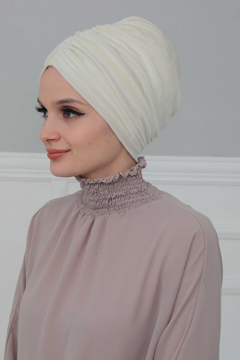 Elegant Velvet Shirred Instant Turban for Women, Luxurious Velour Instant Headwrap, Fashionable Pre-Tied Hijab Turban Cap for Women,B-20K Ivory