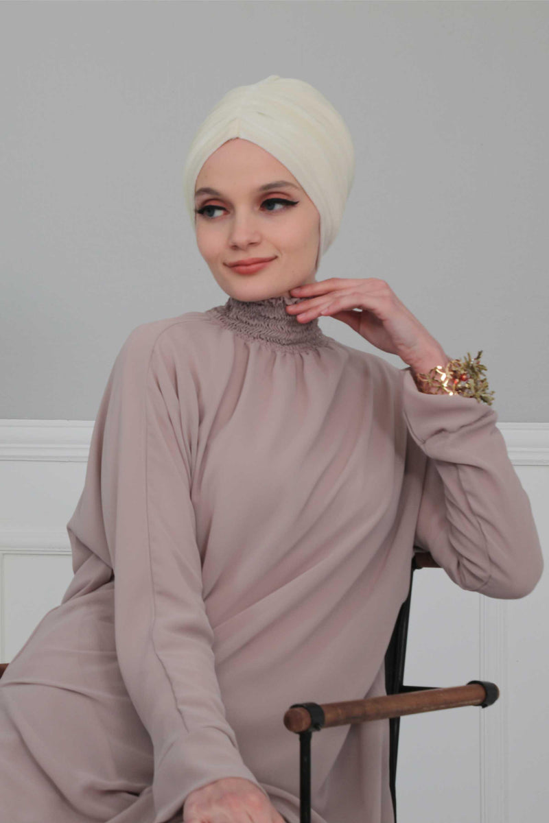 Elegant Velvet Shirred Instant Turban for Women, Luxurious Velour Instant Headwrap, Fashionable Pre-Tied Hijab Turban Cap for Women,B-20K Ivory
