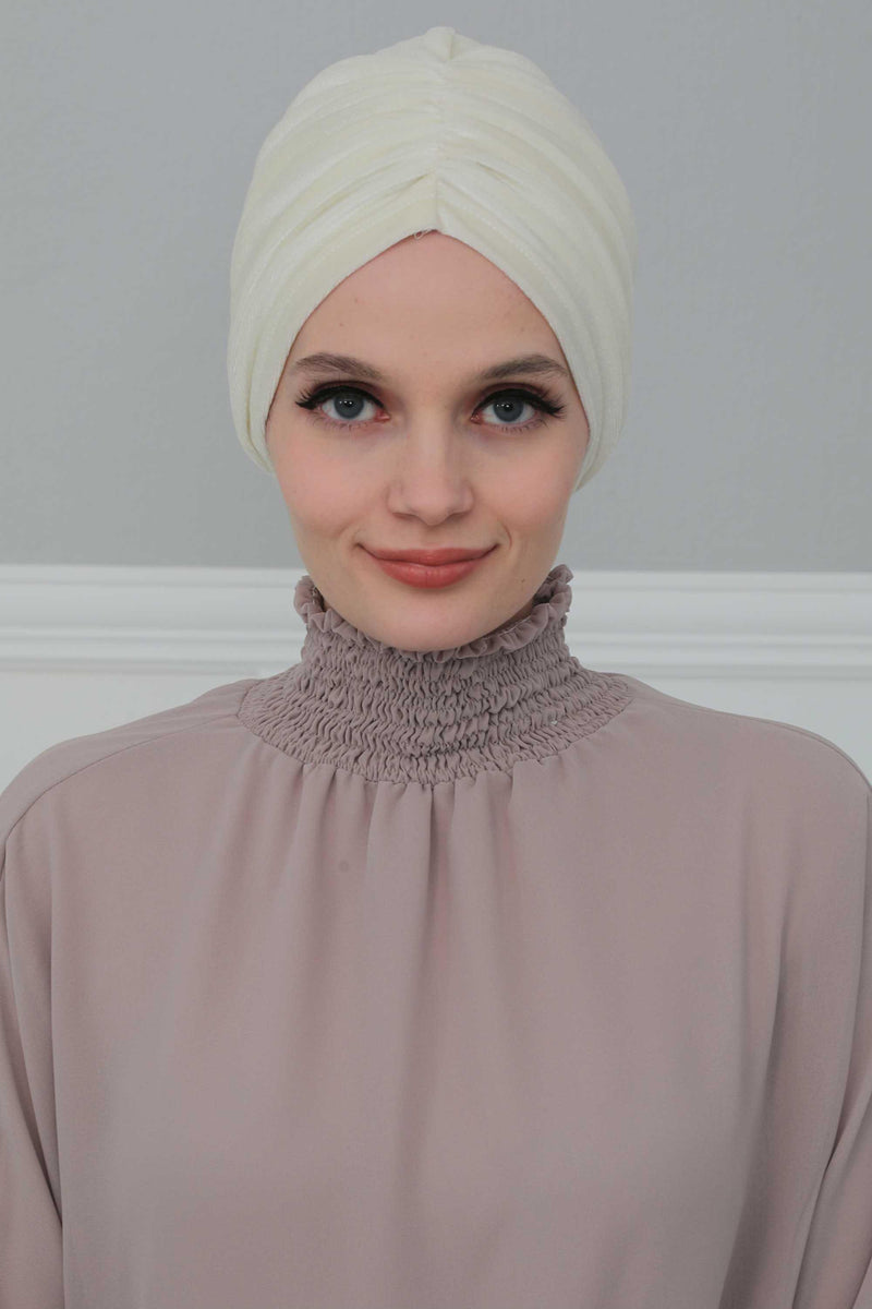 Elegant Velvet Shirred Instant Turban for Women, Luxurious Velour Instant Headwrap, Fashionable Pre-Tied Hijab Turban Cap for Women,B-20K Ivory