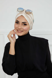 Elegant Velvet Shirred Instant Turban for Women, Luxurious Velour Instant Headwrap, Fashionable Pre-Tied Hijab Turban Cap for Women,B-20K Beige
