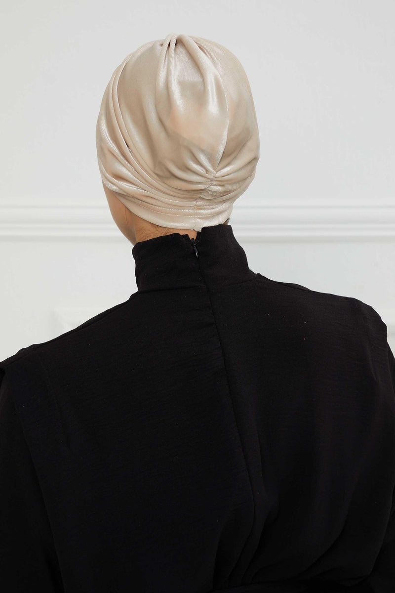 Elegant Velvet Shirred Instant Turban for Women, Luxurious Velour Instant Headwrap, Fashionable Pre-Tied Hijab Turban Cap for Women,B-20K Beige