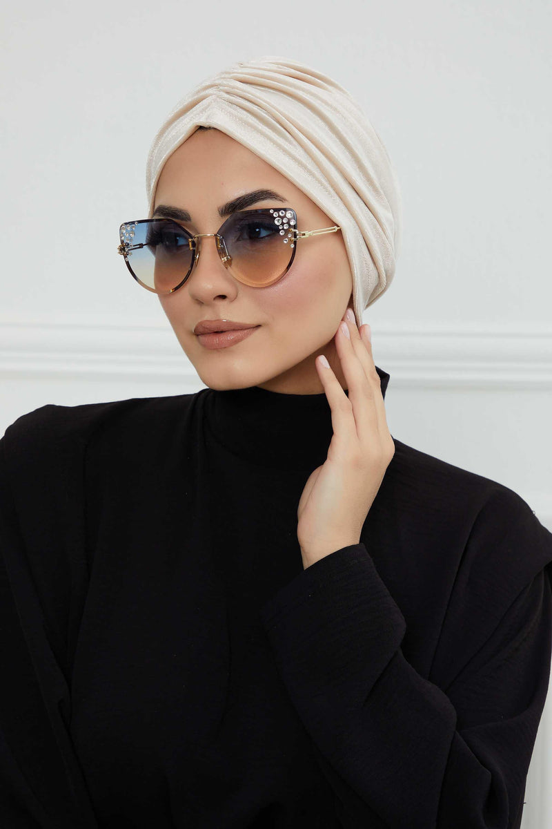 Elegant Velvet Shirred Instant Turban for Women, Luxurious Velour Instant Headwrap, Fashionable Pre-Tied Hijab Turban Cap for Women,B-20K Beige