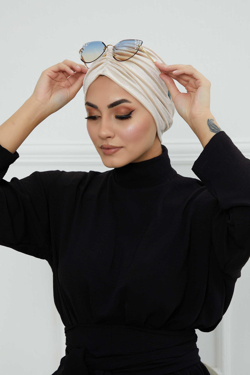 Elegant Velvet Shirred Instant Turban for Women, Luxurious Velour Instant Headwrap, Fashionable Pre-Tied Hijab Turban Cap for Women,B-20K Beige