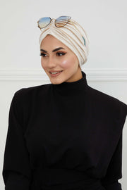 Elegant Velvet Shirred Instant Turban for Women, Luxurious Velour Instant Headwrap, Fashionable Pre-Tied Hijab Turban Cap for Women,B-20K Beige