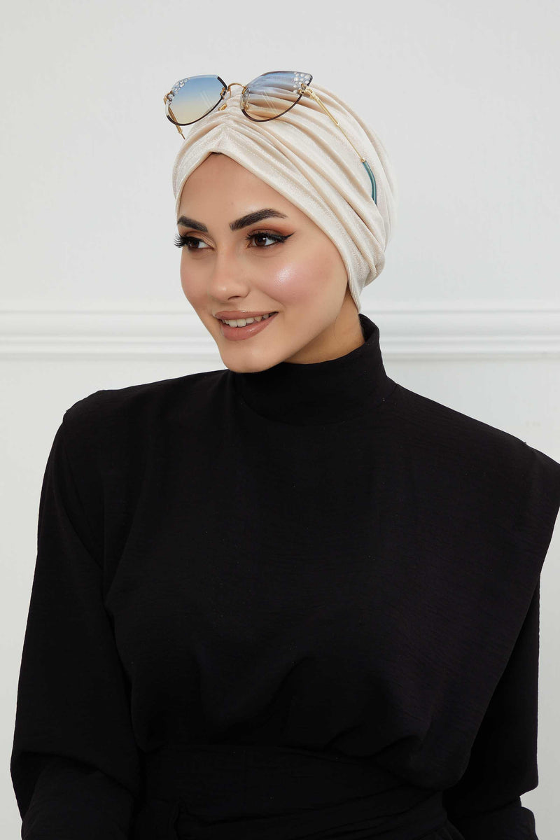 Elegant Velvet Shirred Instant Turban for Women, Luxurious Velour Instant Headwrap, Fashionable Pre-Tied Hijab Turban Cap for Women,B-20K Beige