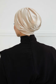Elegant Velvet Shirred Instant Turban for Women, Luxurious Velour Instant Headwrap, Fashionable Pre-Tied Hijab Turban Cap for Women,B-20K Beige