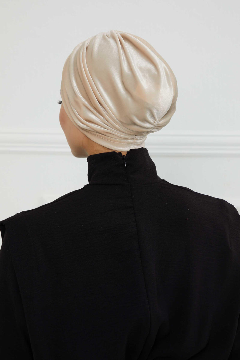 Elegant Velvet Shirred Instant Turban for Women, Luxurious Velour Instant Headwrap, Fashionable Pre-Tied Hijab Turban Cap for Women,B-20K Beige
